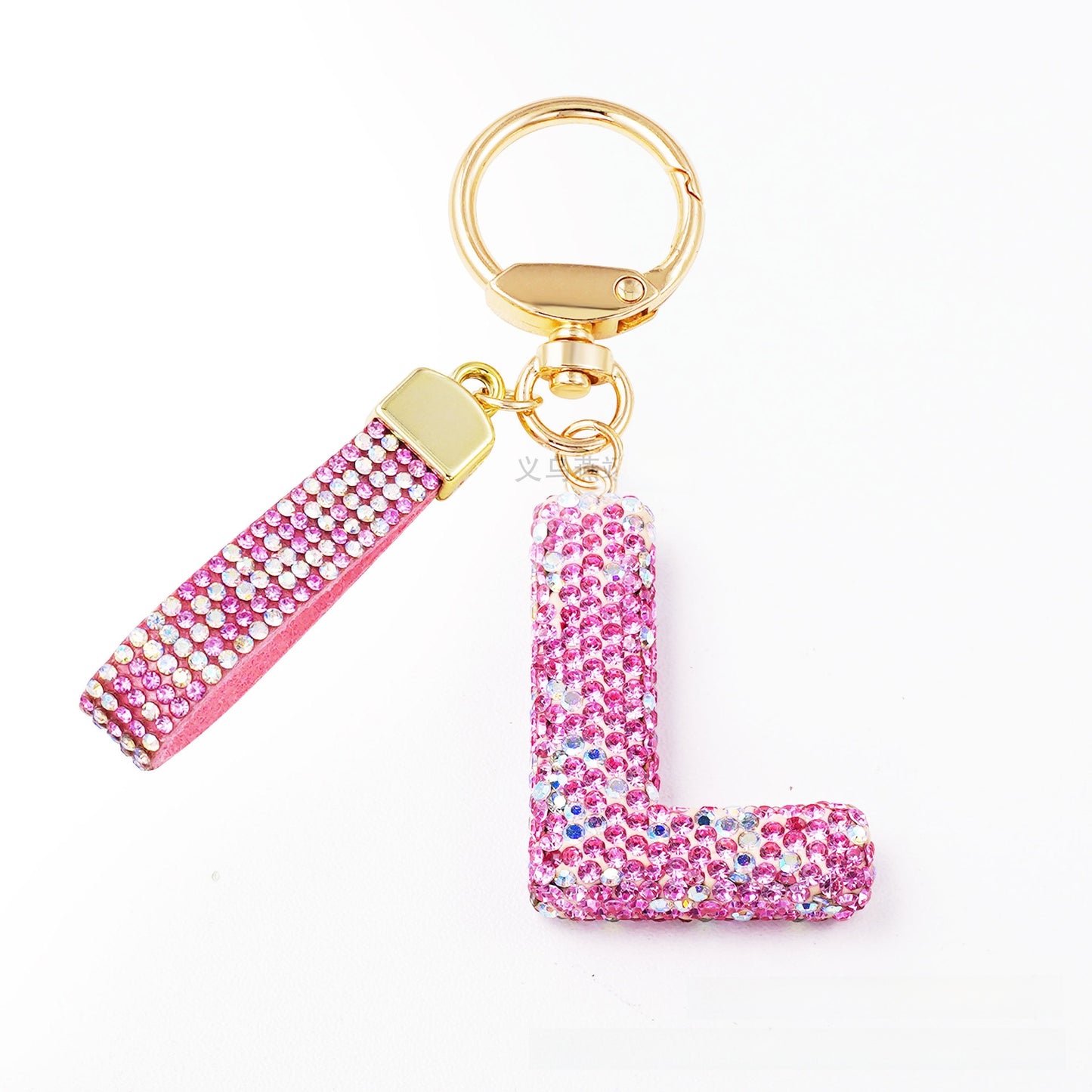 New Year Letter Bag Charm Key Chain In Natural Pink Featuring Pottery Clay And Rhinestone Inlay