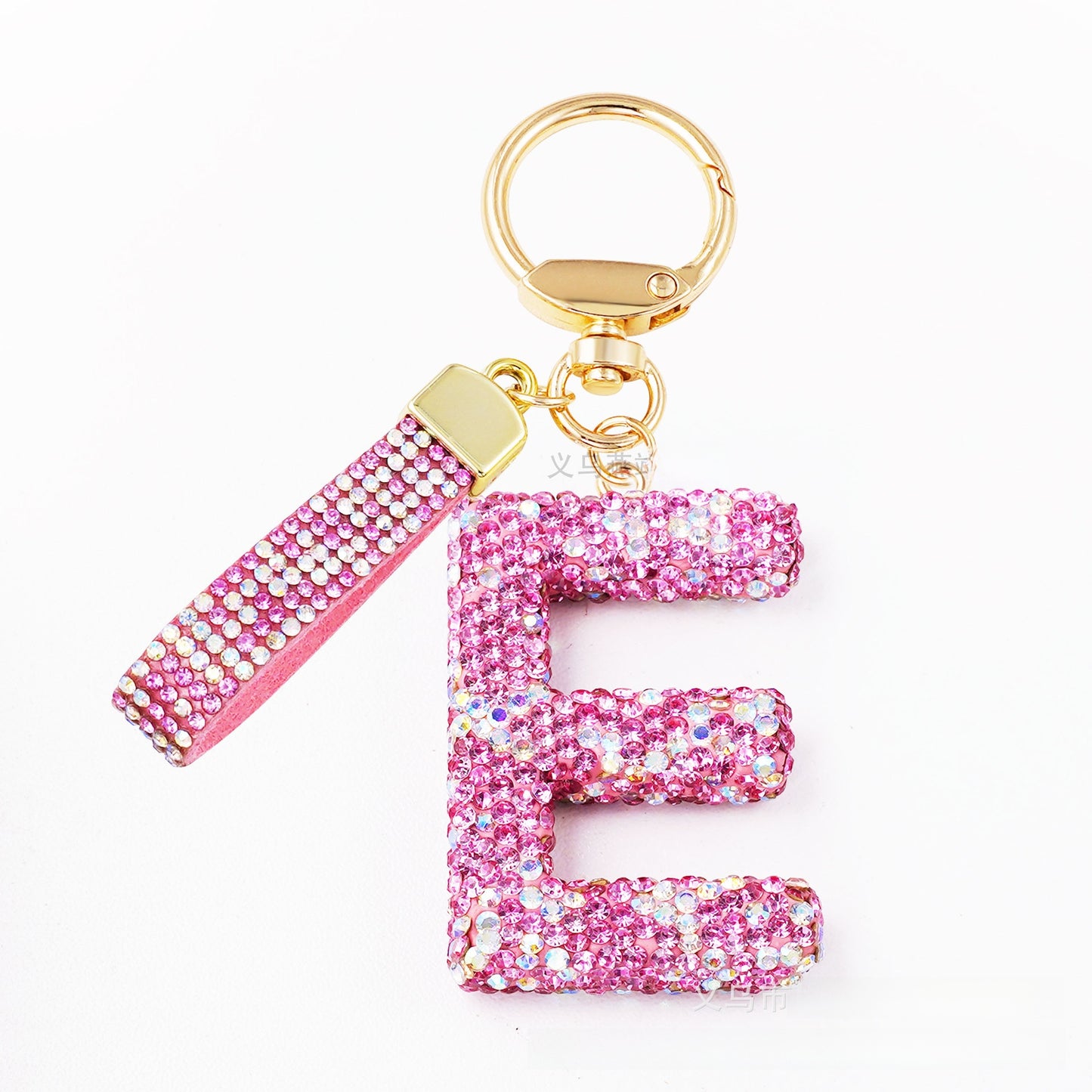 New Year Letter Bag Charm Key Chain In Natural Pink Featuring Pottery Clay And Rhinestone Inlay