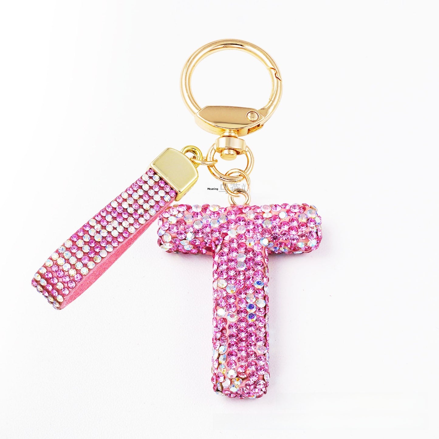 New Year Letter Bag Charm Key Chain In Natural Pink Featuring Pottery Clay And Rhinestone Inlay