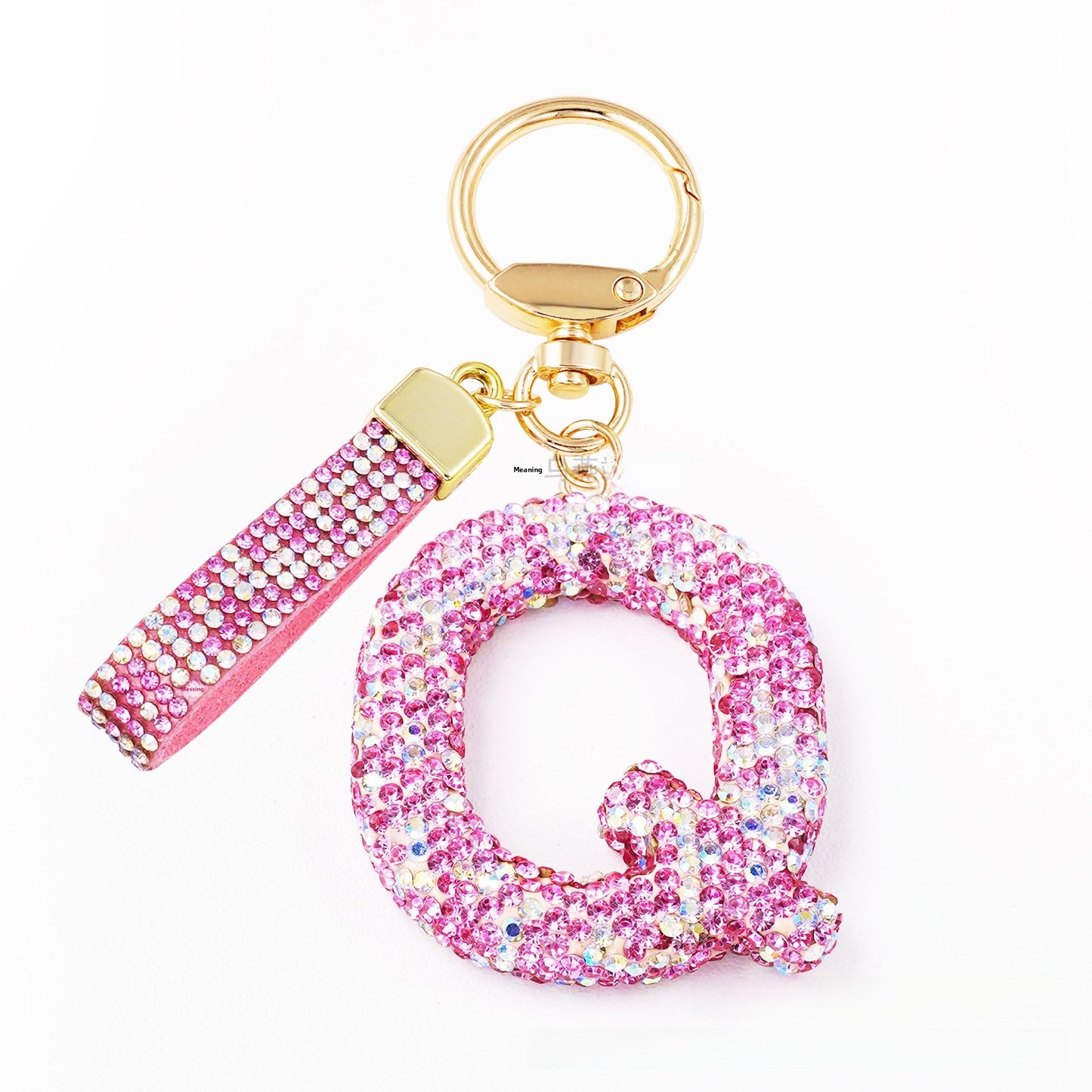 New Year Letter Bag Charm Key Chain In Natural Pink Featuring Pottery Clay And Rhinestone Inlay