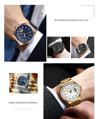 Men's Quartz Watch With Stainless Steel Strap And Single Folding Buckle Featuring Round Dial And Tempered Glass Mirror