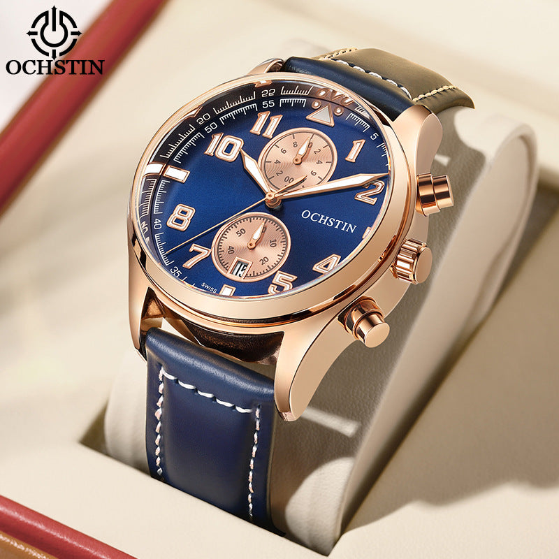 Men's Quartz Watch With Round Dial Featuring Tempered Glass And Genuine Leather Strap With Pin Buckle