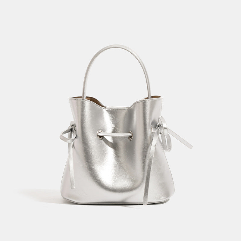 Women’s PU Leather Bucket Bag With Sewing Thread Detail, Single Shoulder Strap, Perfect For Summer