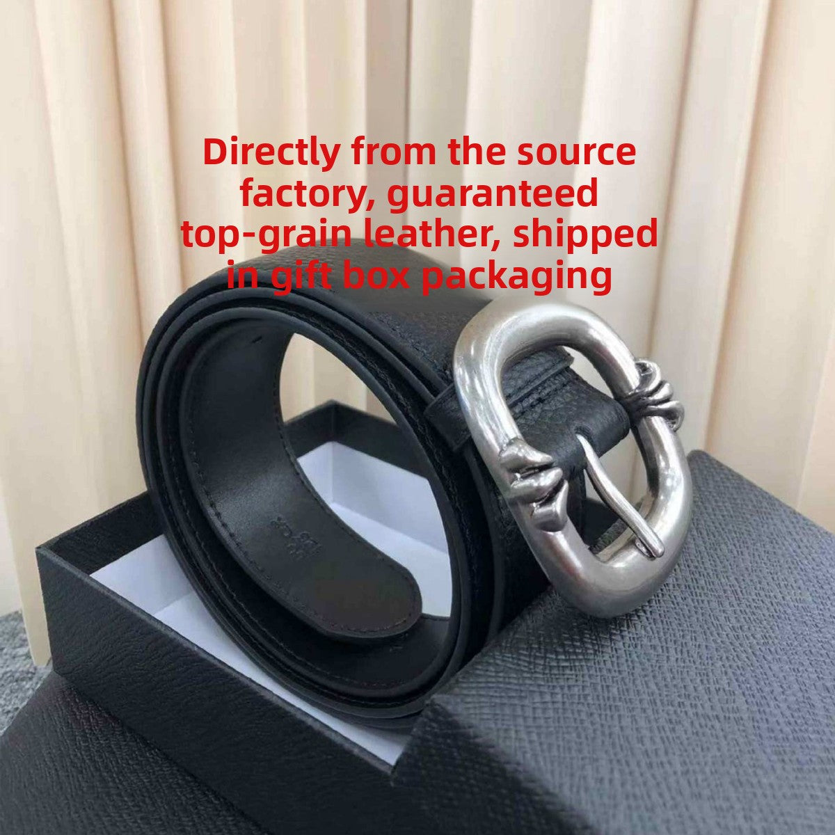 Retro Genuine Leather Belt With Alloy Pin Buckle In Dyed Black