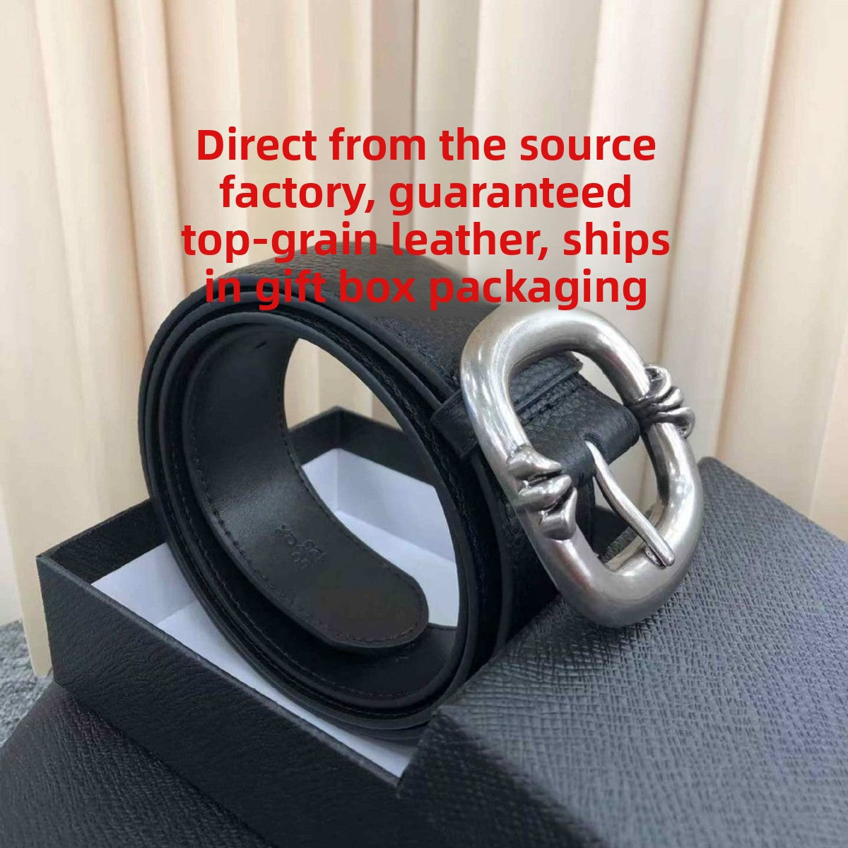 Retro Genuine Leather Belt With Alloy Pin Buckle In Dyed Black