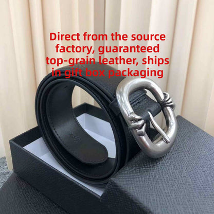 Retro Genuine Leather Belt With Alloy Pin Buckle In Dyed Black
