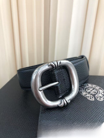 Retro Genuine Leather Belt With Alloy Pin Buckle In Dyed Black