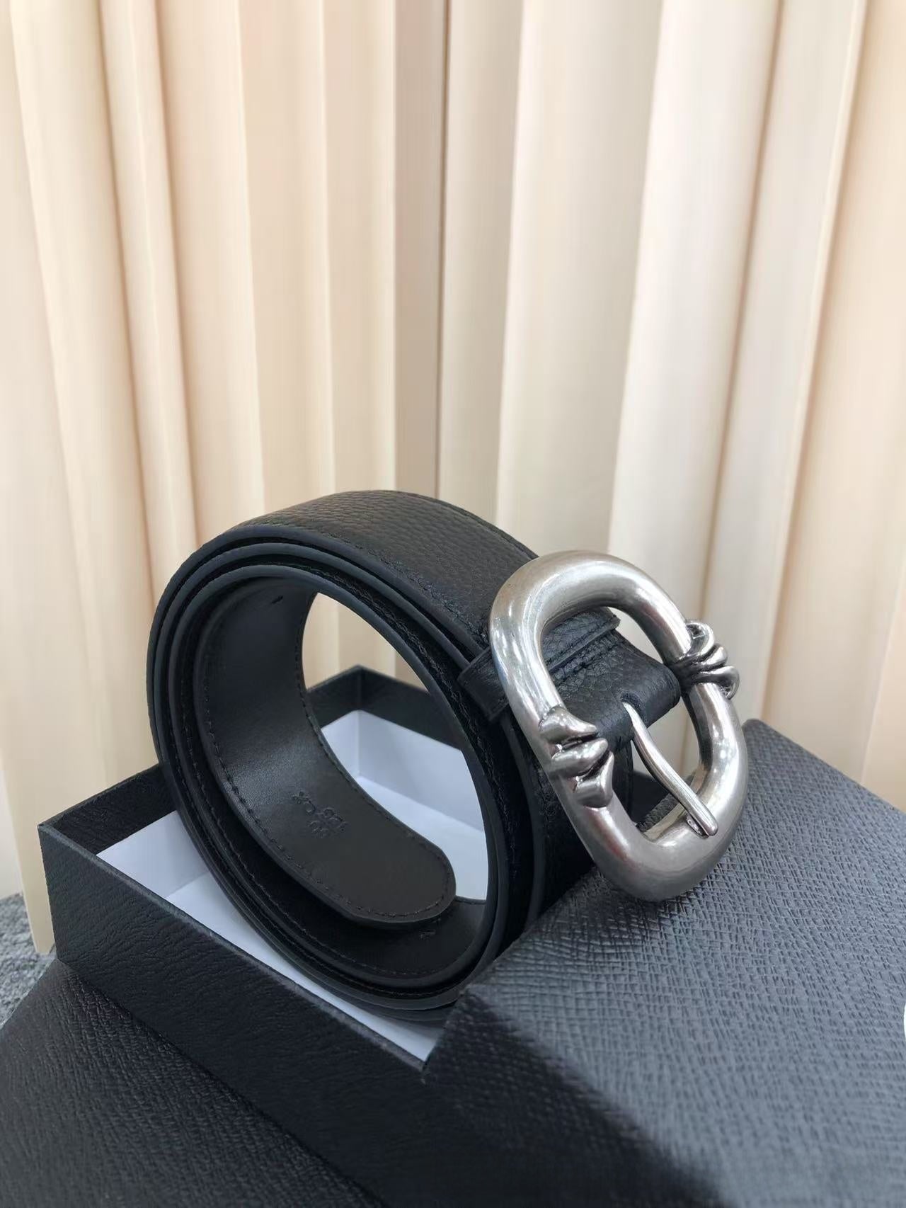 Retro Genuine Leather Belt With Alloy Pin Buckle In Dyed Black