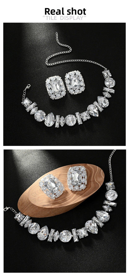Geometric Silver Alloy Necklace With Electroplated Finish And Rhinestone Pendant For Women