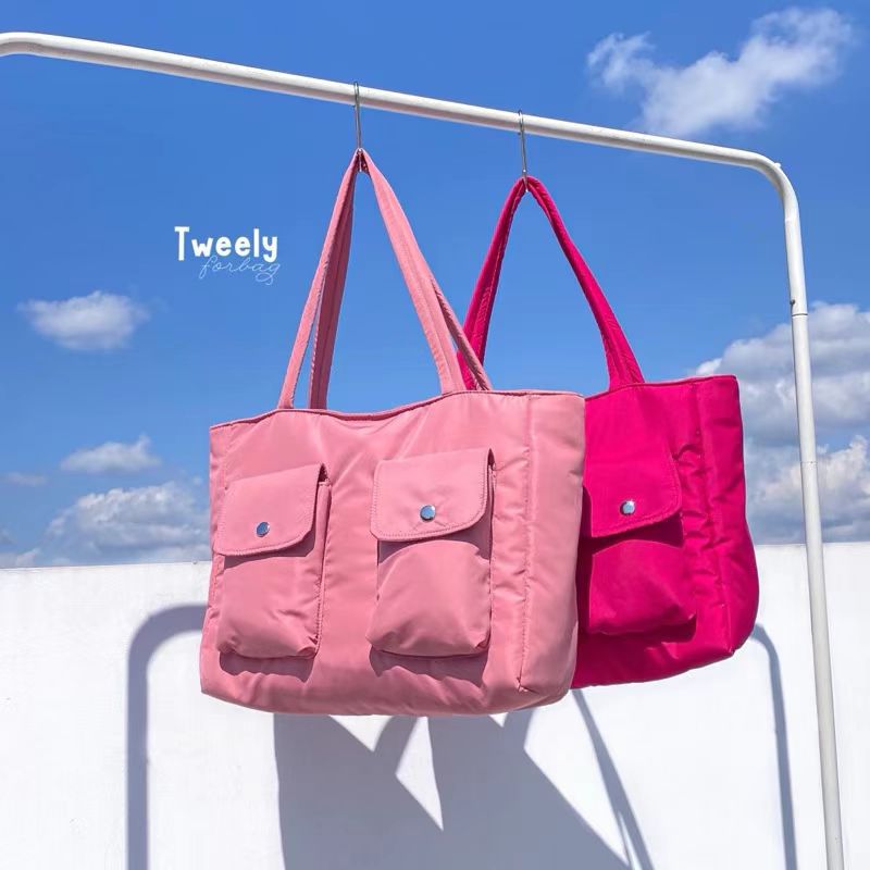 Women’s Square Nylon Tote Bag With Sewing Thread Detail, Single Shoulder Strap, Perfect For Summer
