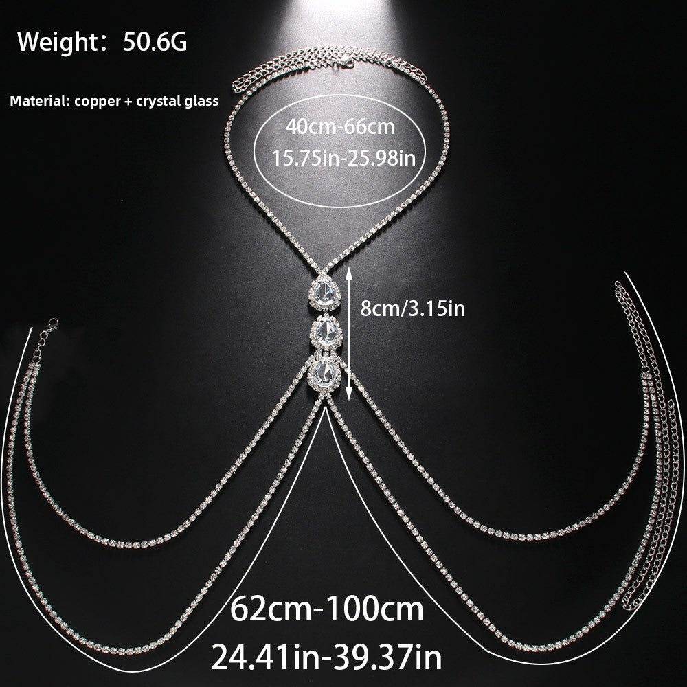 Silver Alloy Body Chain For Women Featuring Water Droplets Pattern With Electroplated Finish And White Crystal Inlay