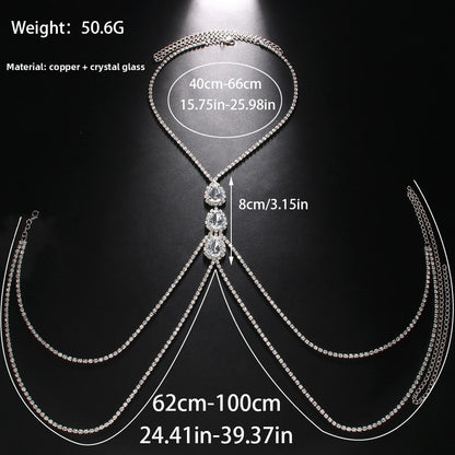 Silver Alloy Body Chain For Women Featuring Water Droplets Pattern With Electroplated Finish And White Crystal Inlay