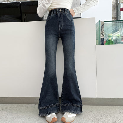 Solid Color Polyester Flared Pants For Girls In Dyed Black With Stretchy Full Length Design