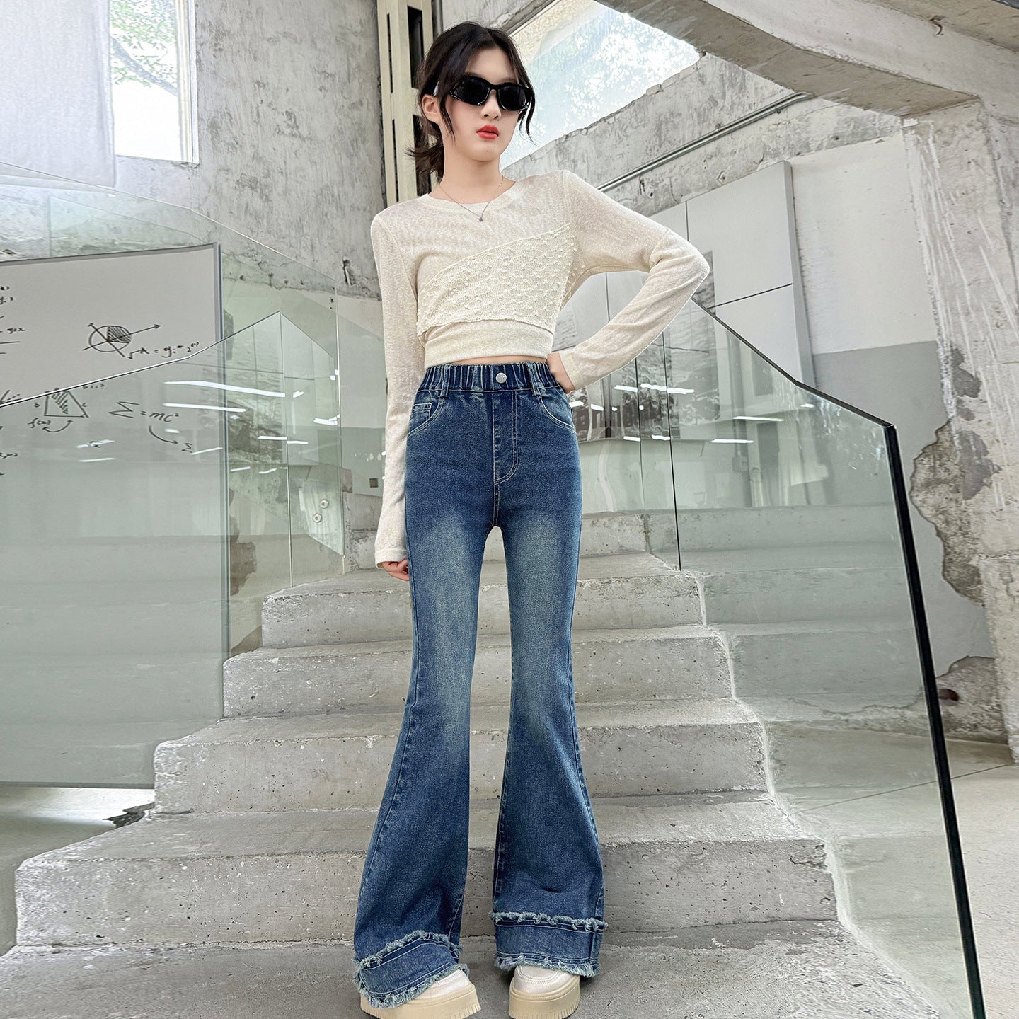Solid Color Polyester Flared Pants For Girls In Dyed Black With Stretchy Full Length Design