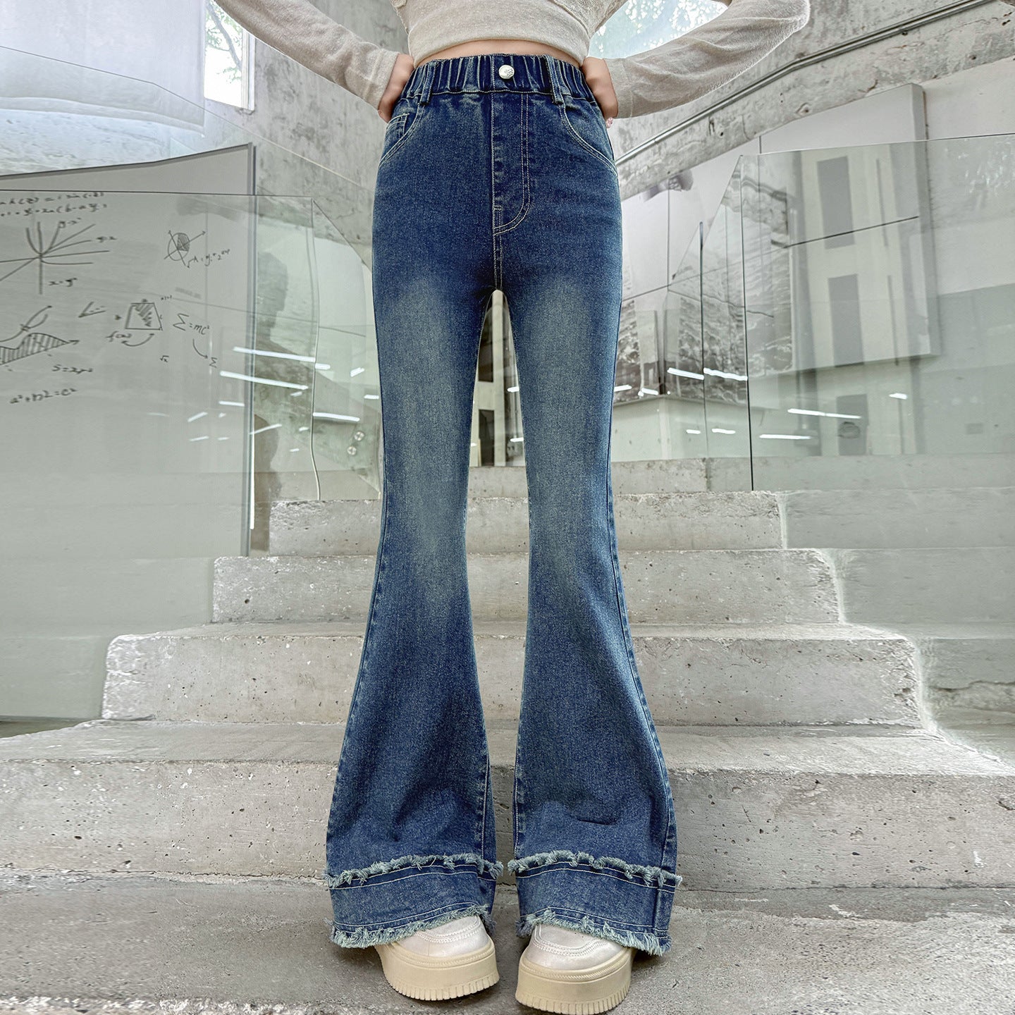 Solid Color Polyester Flared Pants For Girls In Dyed Black With Stretchy Full Length Design