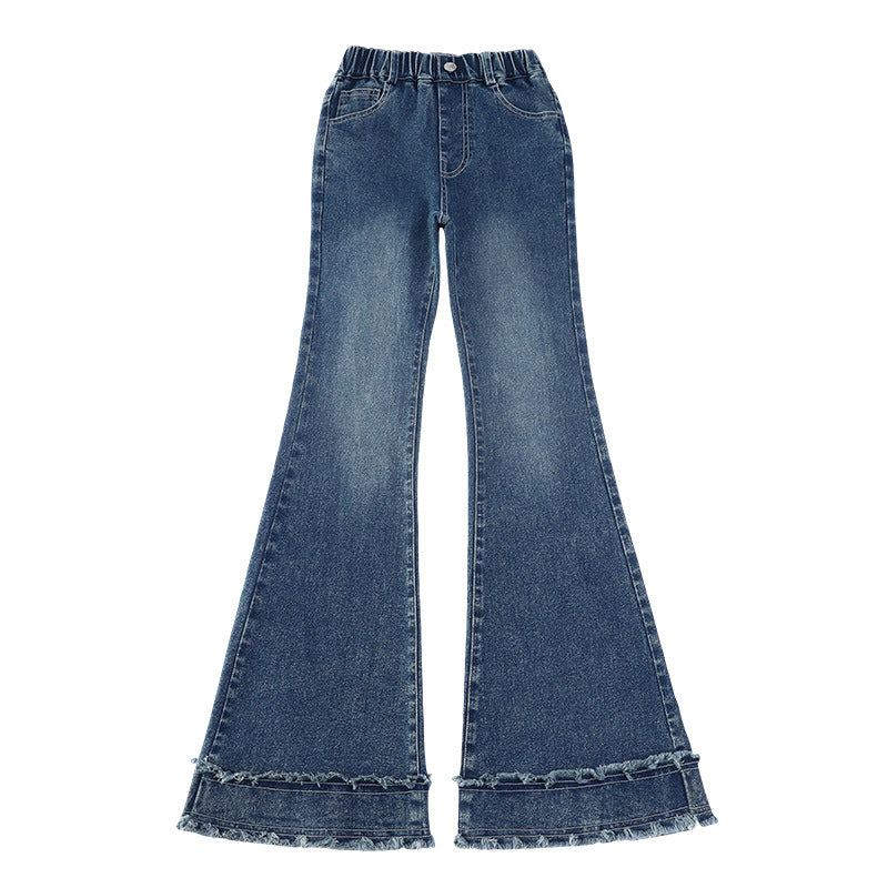 Solid Color Polyester Flared Pants For Girls In Dyed Black With Stretchy Full Length Design