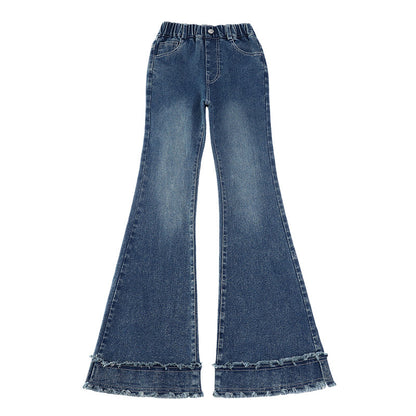 Solid Color Polyester Flared Pants For Girls In Dyed Black With Stretchy Full Length Design