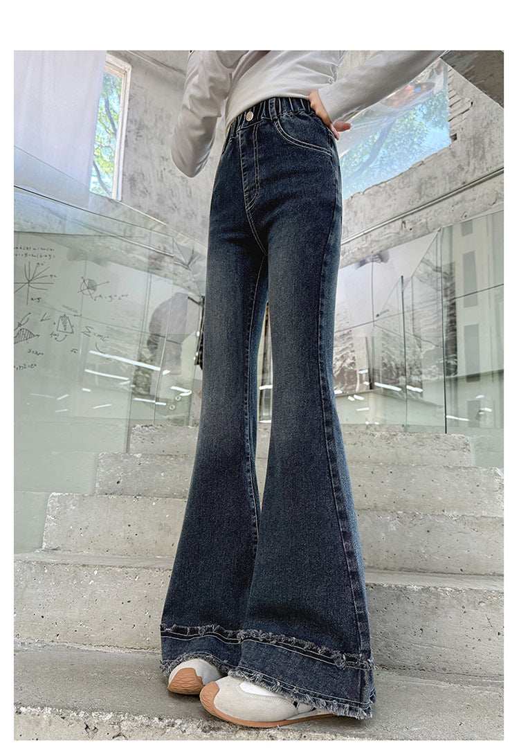 Solid Color Polyester Flared Pants For Girls In Dyed Black With Stretchy Full Length Design