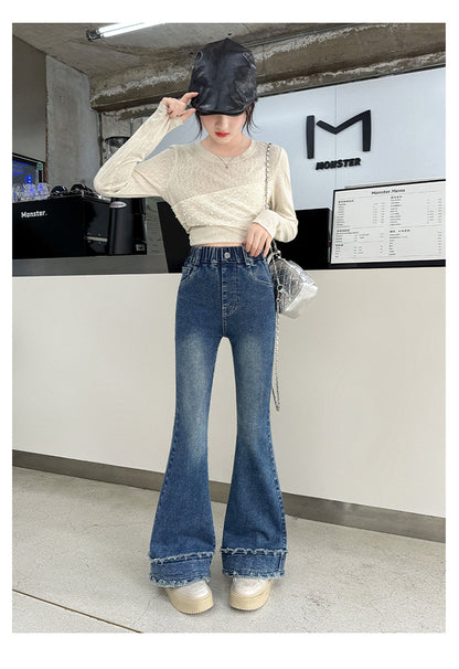 Solid Color Polyester Flared Pants For Girls In Dyed Black With Stretchy Full Length Design