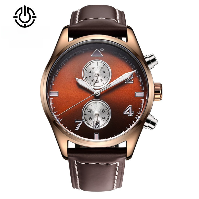 Men's Quartz Watch With Round Dial Featuring Tempered Glass And Genuine Leather Strap With Pin Buckle