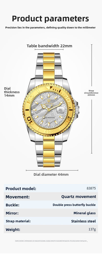 Men's Quartz Watch With Stainless Steel Strap, Round Dial, Tempered Glass, Pointer Display, Butterfly Double Snap Buckle