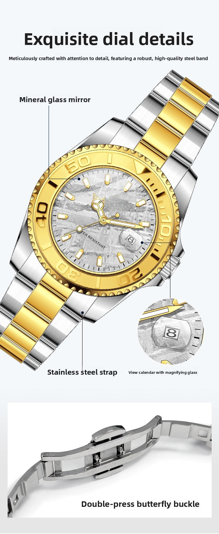 Men's Quartz Watch With Stainless Steel Strap, Round Dial, Tempered Glass, Pointer Display, Butterfly Double Snap Buckle