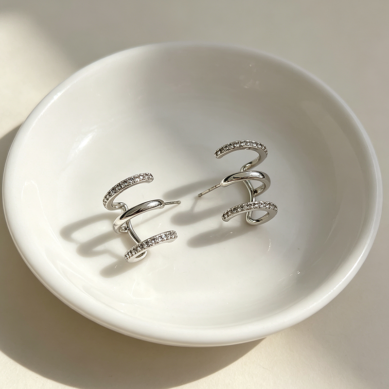 Handmade Geometric Stud Earrings For Women In Brass With Platinum Plated Finish And Zircon Inlay