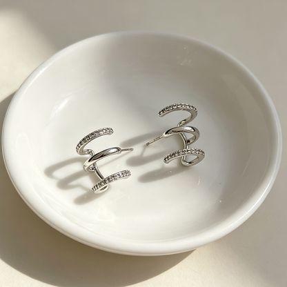 Handmade Geometric Stud Earrings For Women In Brass With Platinum Plated Finish And Zircon Inlay