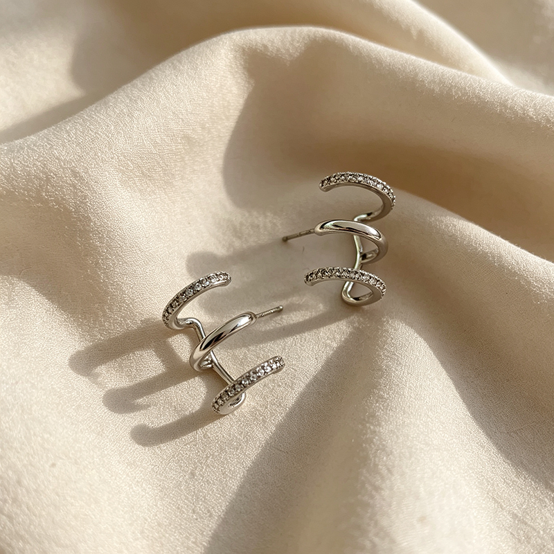Handmade Geometric Stud Earrings For Women In Brass With Platinum Plated Finish And Zircon Inlay