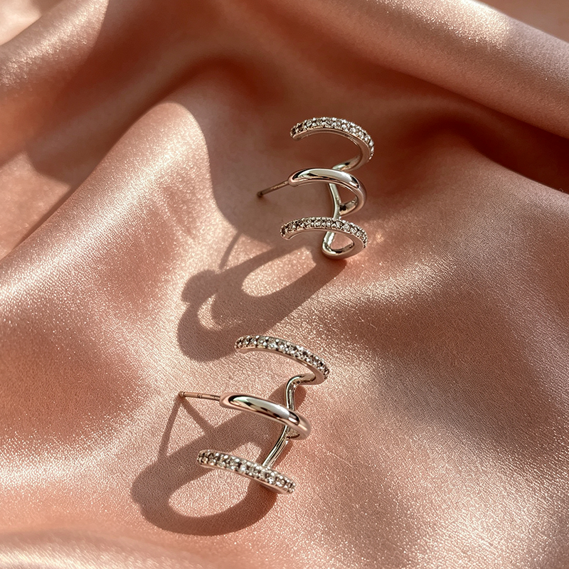 Handmade Geometric Stud Earrings For Women In Brass With Platinum Plated Finish And Zircon Inlay