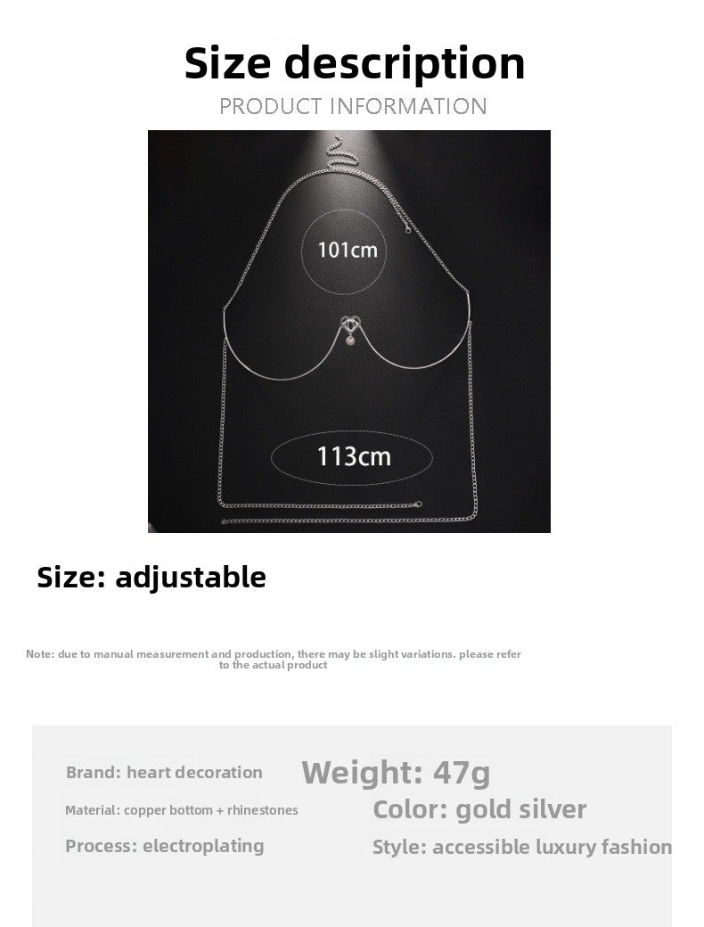 Silver Alloy Body Chain For Women Featuring Heart Shape Pattern With White Crystal Inlay And Electroplated Finish