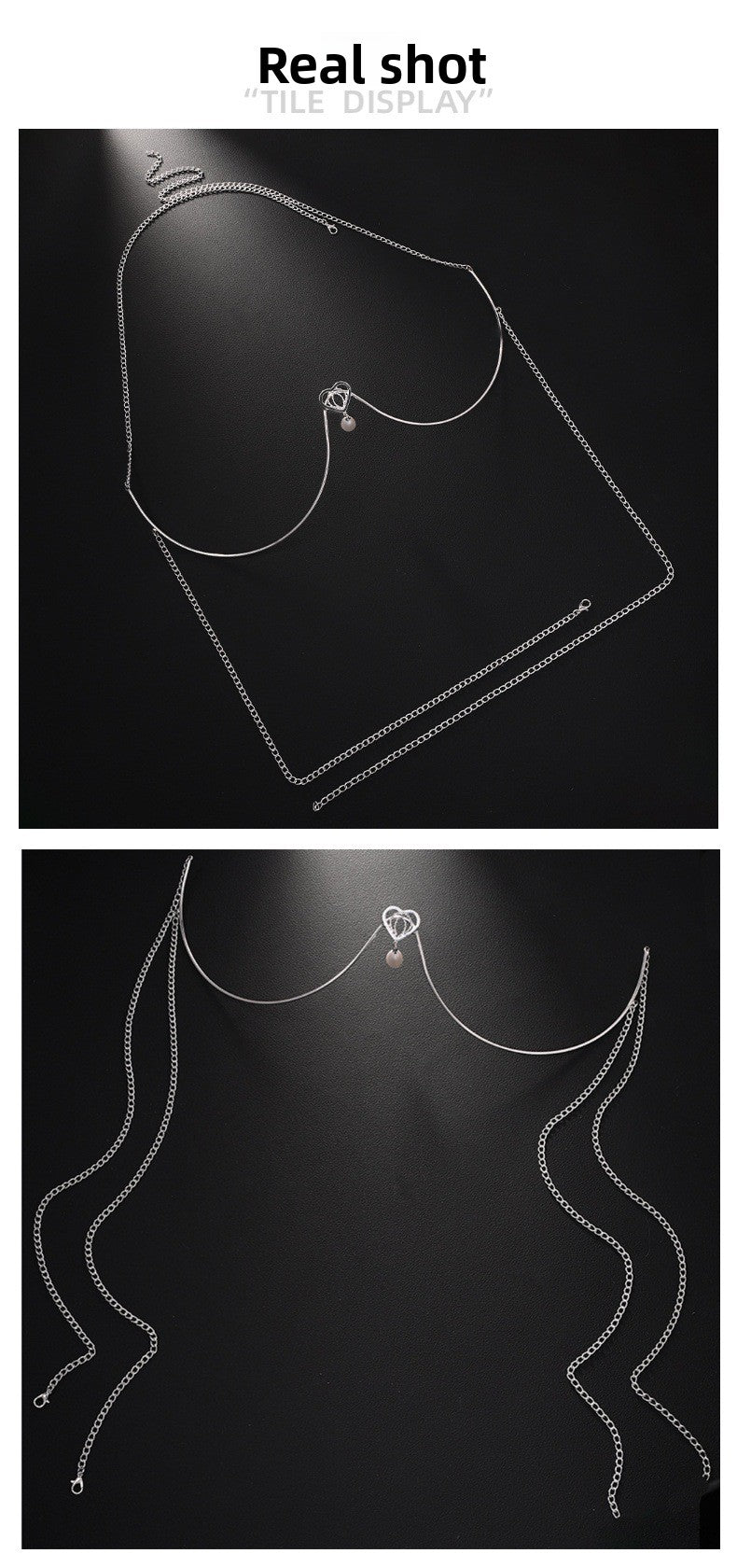 Silver Alloy Body Chain For Women Featuring Heart Shape Pattern With White Crystal Inlay And Electroplated Finish