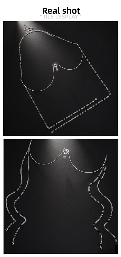 Silver Alloy Body Chain For Women Featuring Heart Shape Pattern With White Crystal Inlay And Electroplated Finish