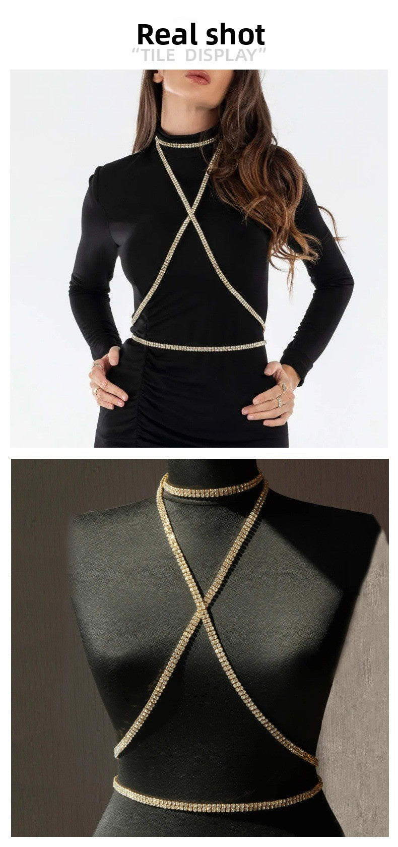 Silver Alloy Body Chain For Women Featuring Geometric Pattern With White Crystal Inlay And Electroplated Finish