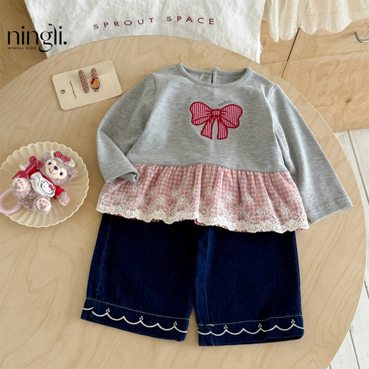 Cute Cotton Bow Tie For Girls In White, 2 Pieces Pant Co-ord Set Kids Clothing