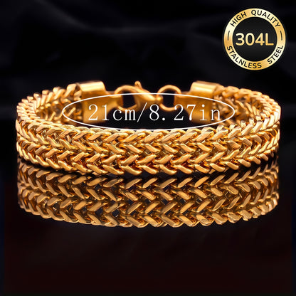 Handmade Men's 304 Stainless Steel Cuban Link Chain Bracelet With 18K Real Gold Plated Coating 0.03µm Thickness
