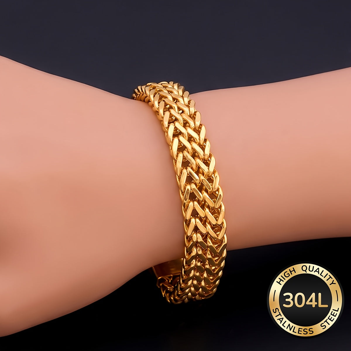 Handmade Men's 304 Stainless Steel Cuban Link Chain Bracelet With 18K Real Gold Plated Coating 0.03µm Thickness