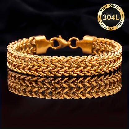 Handmade Men's 304 Stainless Steel Cuban Link Chain Bracelet With 18K Real Gold Plated Coating 0.03µm Thickness