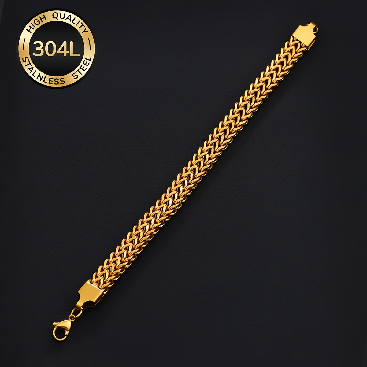 Handmade Men's 304 Stainless Steel Cuban Link Chain Bracelet With 18K Real Gold Plated Coating 0.03µm Thickness