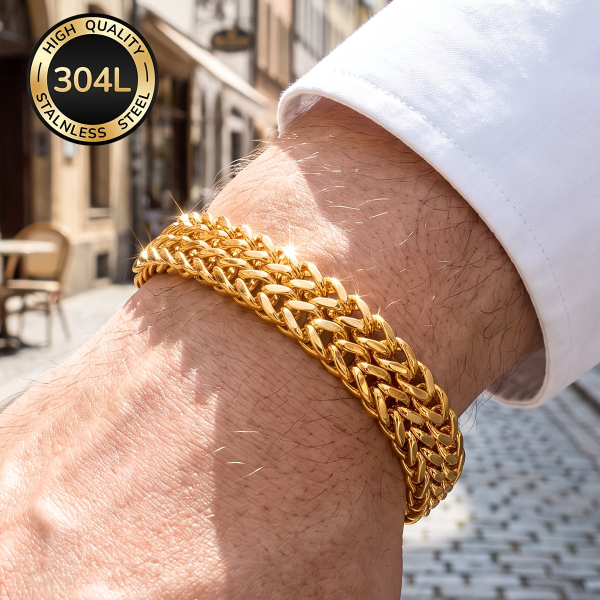 Handmade Men's 304 Stainless Steel Cuban Link Chain Bracelet With 18K Real Gold Plated Coating 0.03µm Thickness