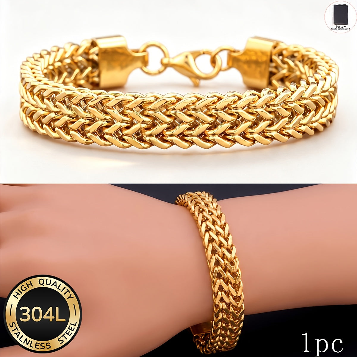 Handmade Men's 304 Stainless Steel Cuban Link Chain Bracelet With 18K Real Gold Plated Coating 0.03µm Thickness