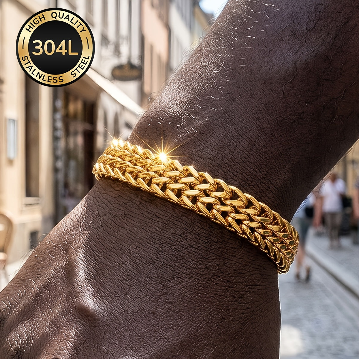 Handmade Men's 304 Stainless Steel Cuban Link Chain Bracelet With 18K Real Gold Plated Coating 0.03µm Thickness