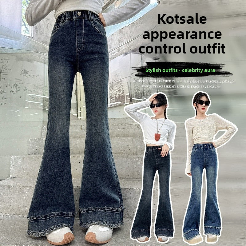 Solid Color Polyester Flared Pants For Girls In Dyed Black With Stretchy Full Length Design