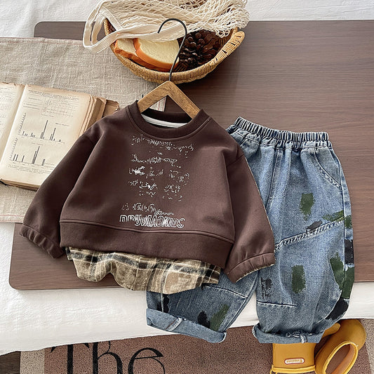Retro Letter Style Cotton Pant Co-ord Set For Boys, 2 Pieces With Long Sleeve, Kids Clothing Sets