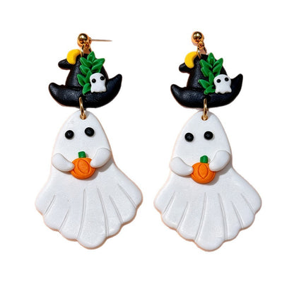Cute Asymmetrical Ghost Earrings For Women In White Soft Clay With Golden Plated Finish
