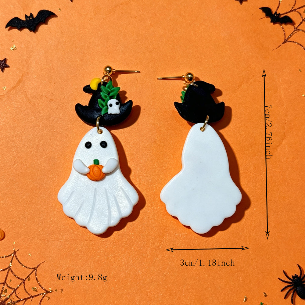 Cute Asymmetrical Ghost Earrings For Women In White Soft Clay With Golden Plated Finish