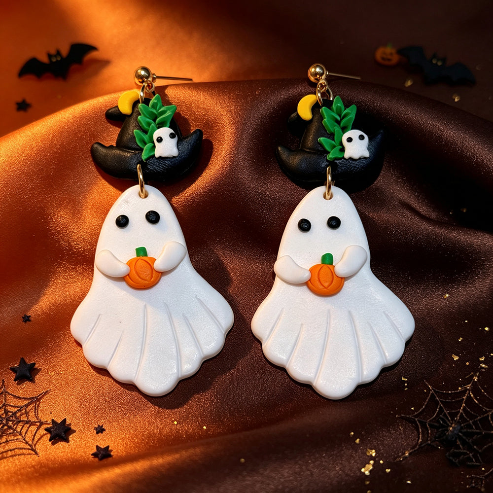 Cute Asymmetrical Ghost Earrings For Women In White Soft Clay With Golden Plated Finish
