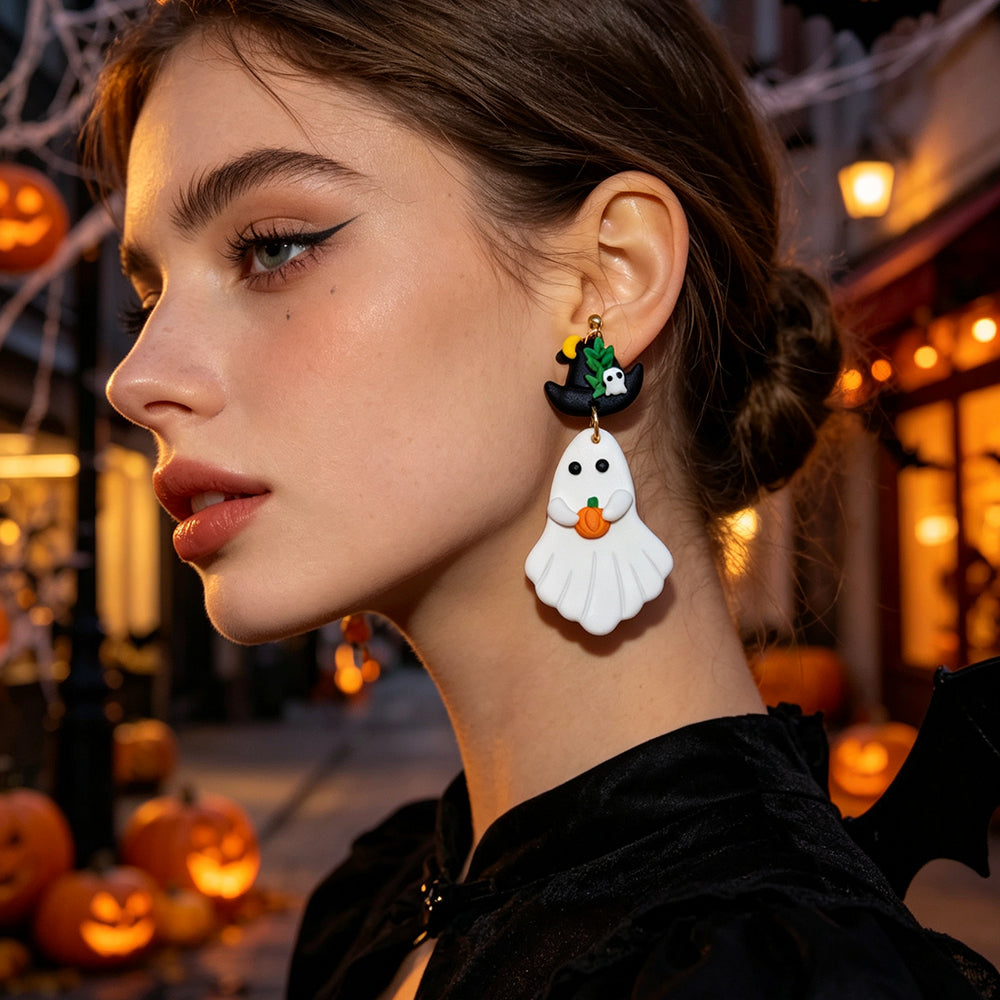 Cute Asymmetrical Ghost Earrings For Women In White Soft Clay With Golden Plated Finish