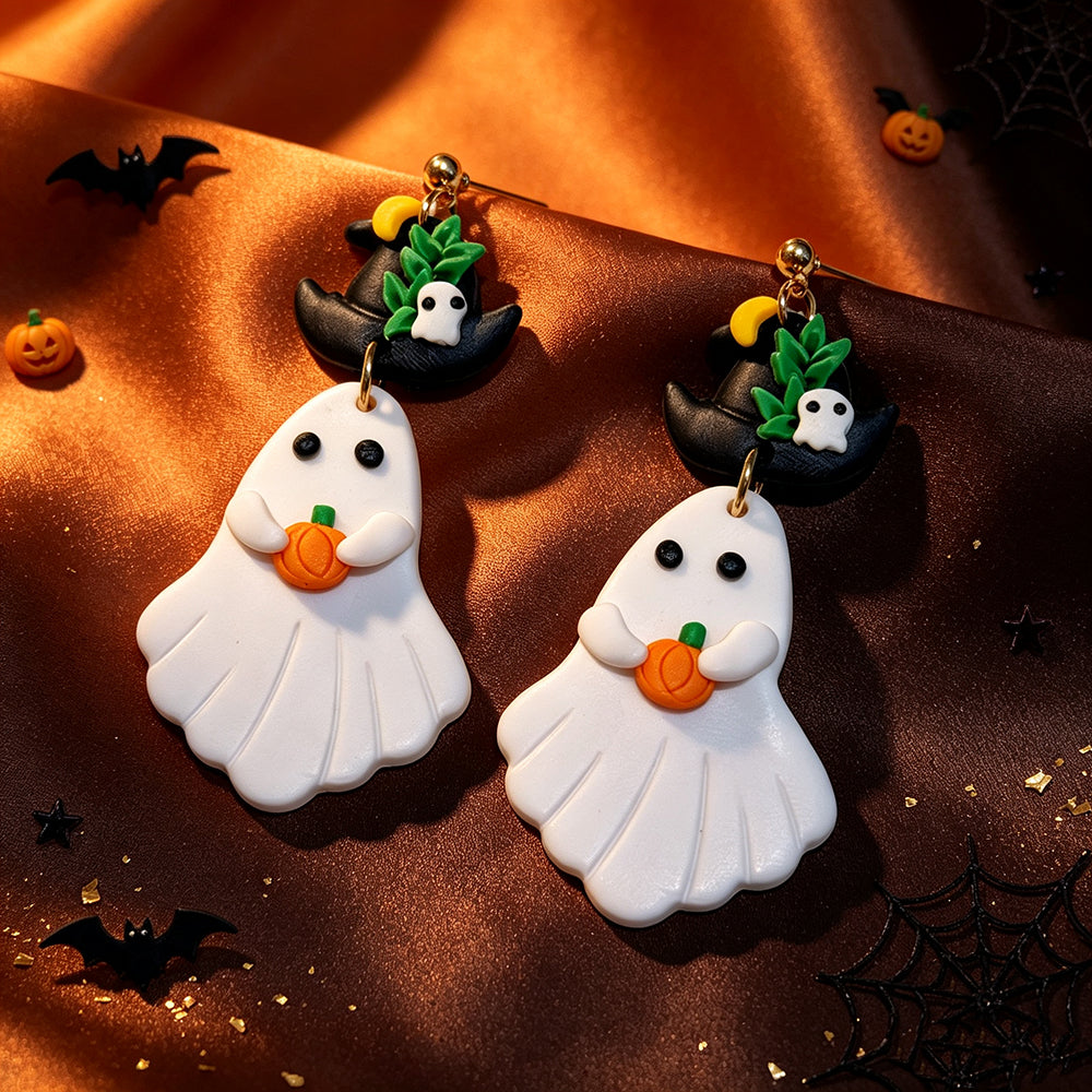 Cute Asymmetrical Ghost Earrings For Women In White Soft Clay With Golden Plated Finish