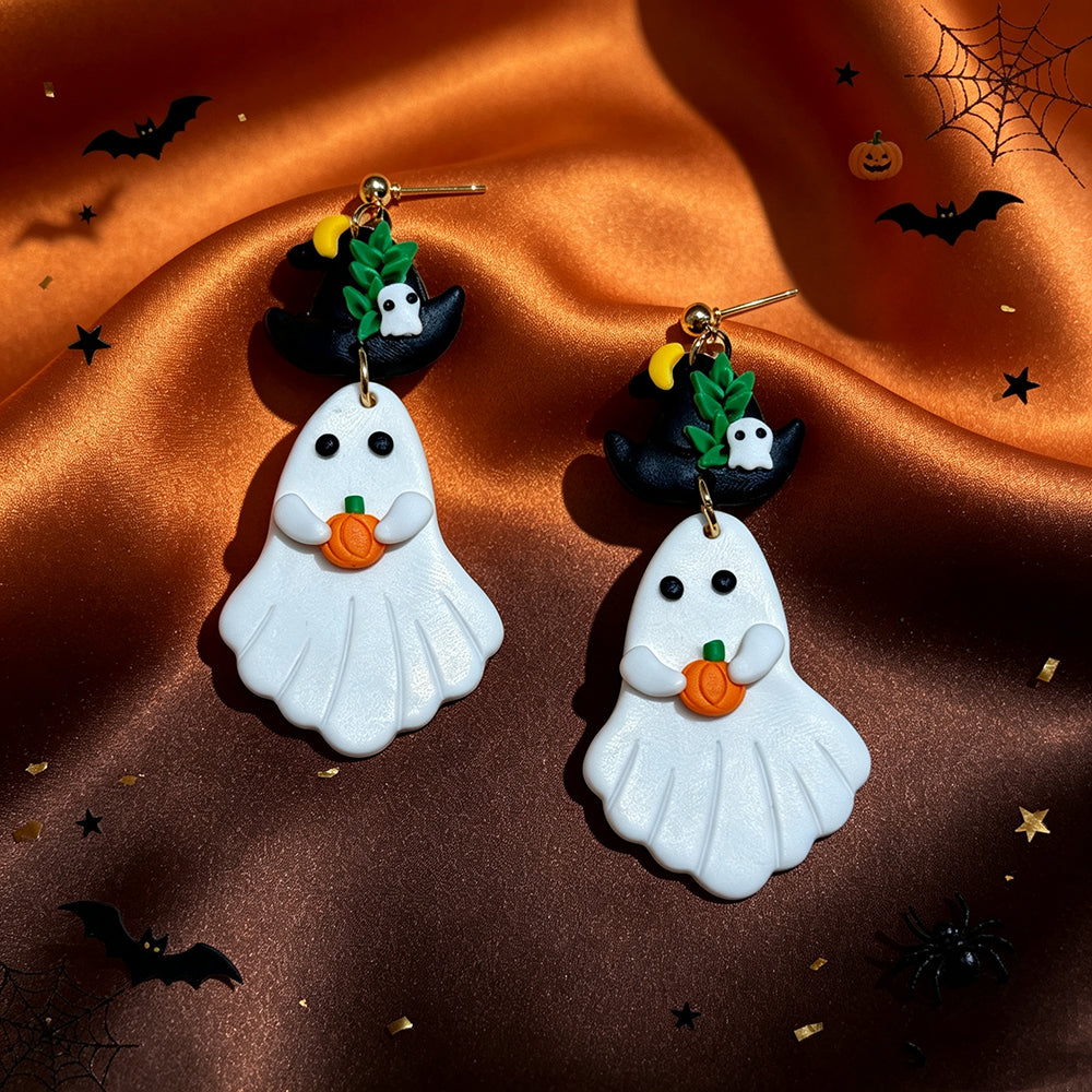 Cute Asymmetrical Ghost Earrings For Women In White Soft Clay With Golden Plated Finish